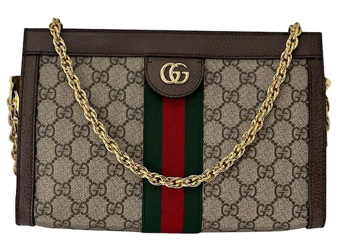GUCCI GG Supreme Ophidia Small Monogram Web Brown Shoulder Clutch