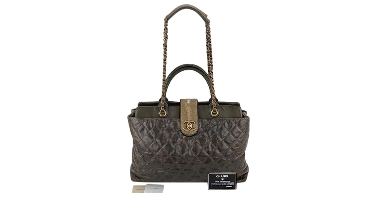 CHANEL Gray Quilted Lambskin Leather Two Way Large Tote Bag