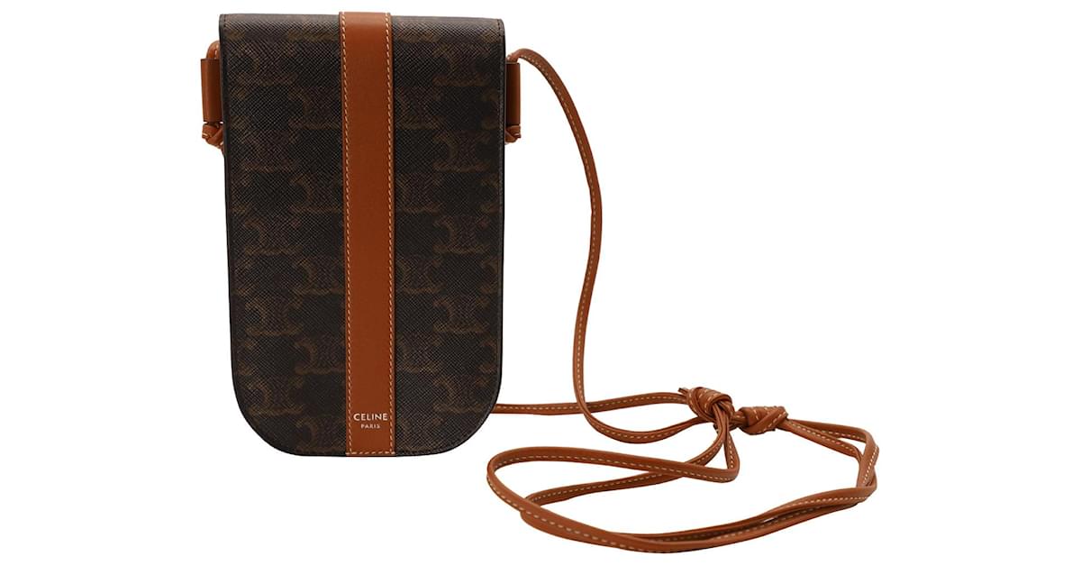 Céline Celine Triomphe Phone Pouch in Brown Tan Canvas and