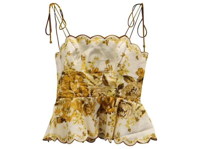 Zimmermann Aliane Scallop Peplum Top in Yellow Print Linen