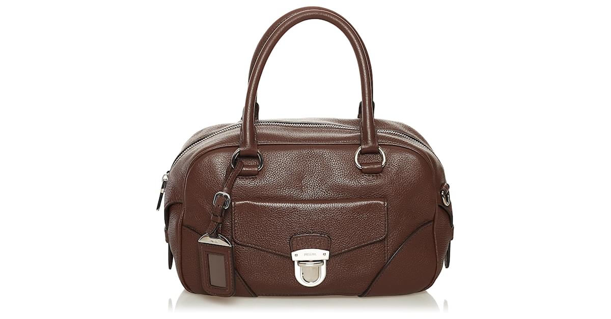 Prada Brown Vitello Daino Leather Front Zip Boston Bag