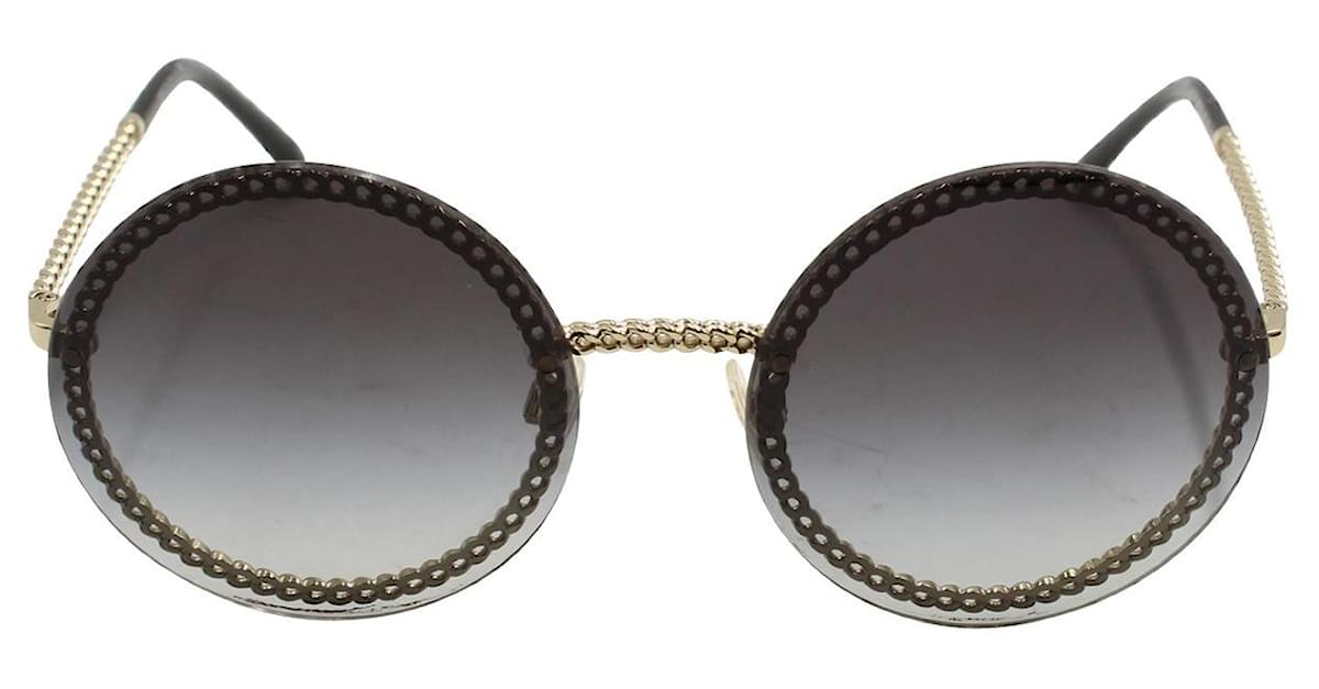 Chanel Round Sunglasses with Metal, Calfskin & Imitation Pearl Chain Grey  ref.681850