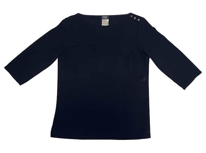 Cambon Chanel Uniform T-shirt with Camelia Buttons Black Polyester