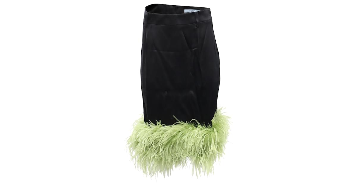 Prada Feather-Trimmed Midi Skirt in Black Viscose Cellulose fibre   - Joli Closet