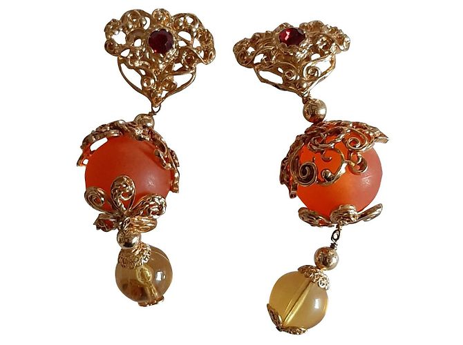 Boucles D'oreilles Vintage Plaqué Or Et Résine - Occasion - Jolie Bijou Rétro