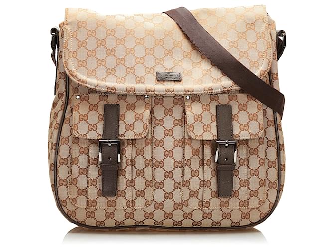 Gucci Brown GG Canvas Double Pocket Flap Messenger Beige Cloth