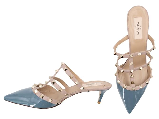 Valentino Rockstud mules in blue beige patent leather