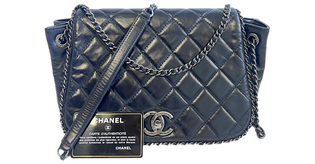 Chanel Accordion Flap Bag Navy Aged Calfskin Ruthenium Blue Leather  ref.700634
