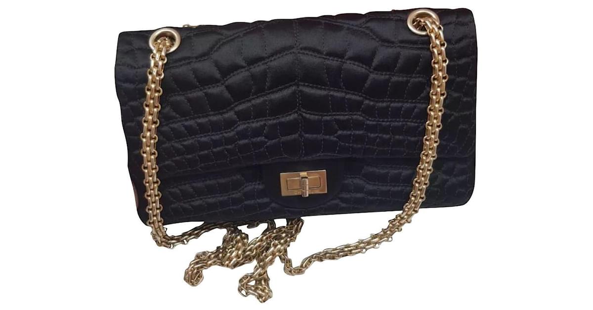 Chanel Black Satin Croc Embossed 2.55 Reissue Flap Bag - Chanel