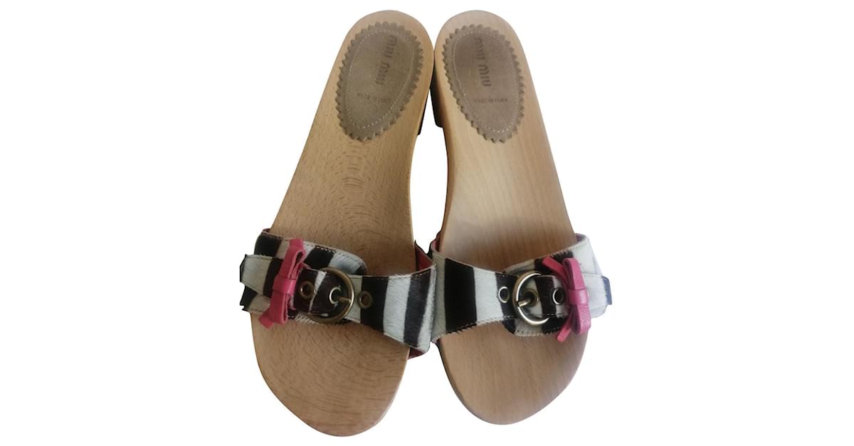 miu miu pony hair zebra wooden clog sandals With Bow