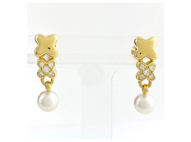 Boucles D'Oreilles Mikimoto Perles Akoya - Or Jaune 18k - Clous Fermoir Papillon - Occasion