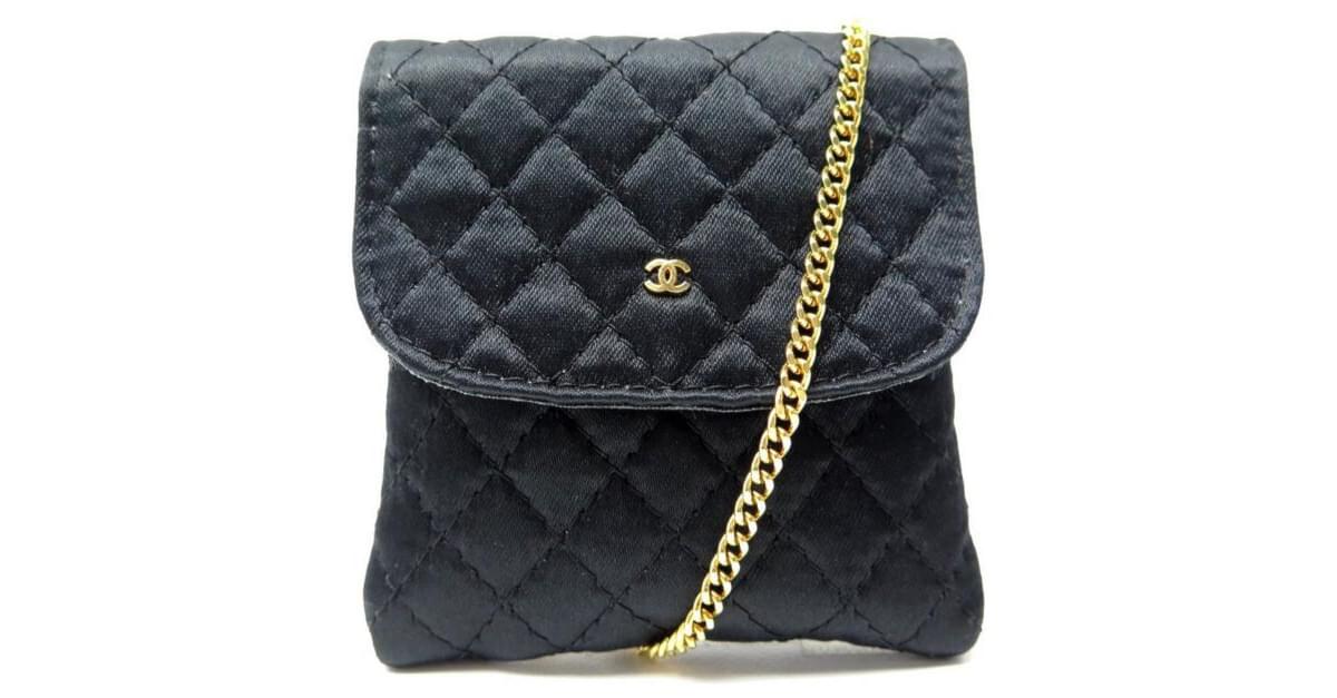 VINTAGE CHANEL MINI BAG COLLIER TIMELESS BLACK SATIN FLAP WITH CHAIN 1990  pouch ref.708469 - Joli Closet