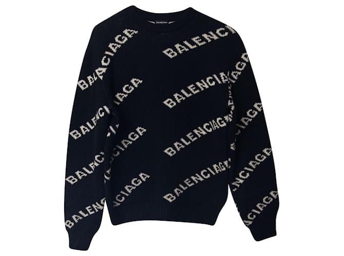 Balenciaga All Over Logo Sweater in Black Wool Joli
