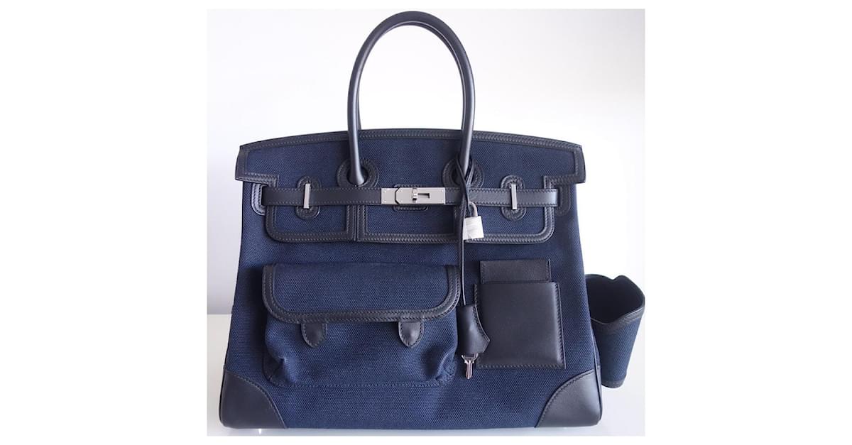 Hermès HERMES BIRKIN BAG 35 Cargo Black Navy blue Leather Cloth ref.720218  - Joli Closet