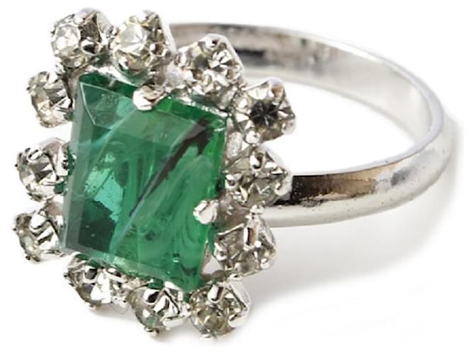 Christian Dior Vintage Rhinestone Ring Green Silver hardware