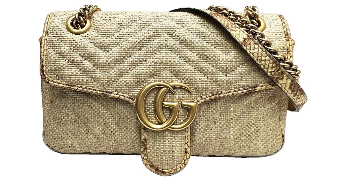 Gucci GG Marmont Tote Large Beige/Black in Raffia with Antique