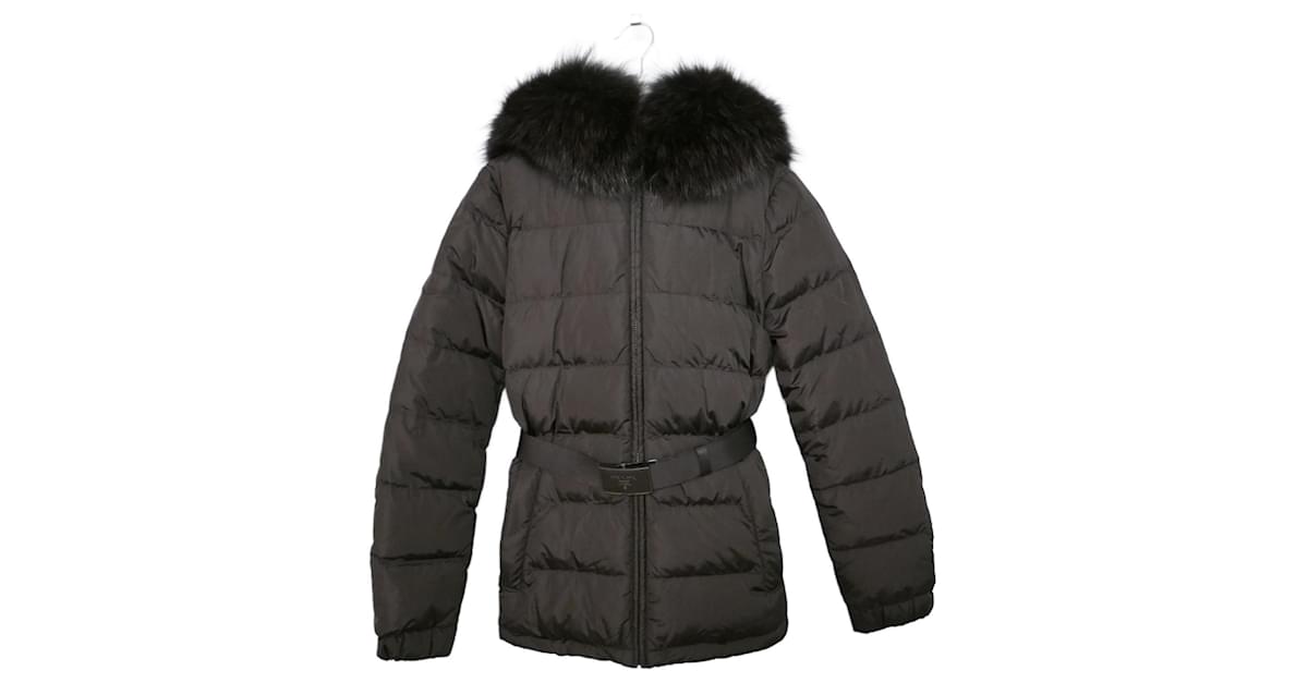 Prada Fur Hood Brown Puffer Jacket Coat Synthetic  - Joli Closet
