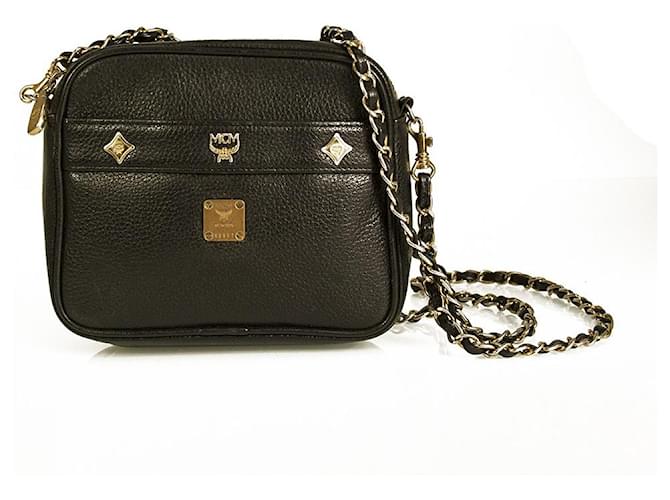 MCM Black Pebbled Leather Crossbody Camera Studded Handbag