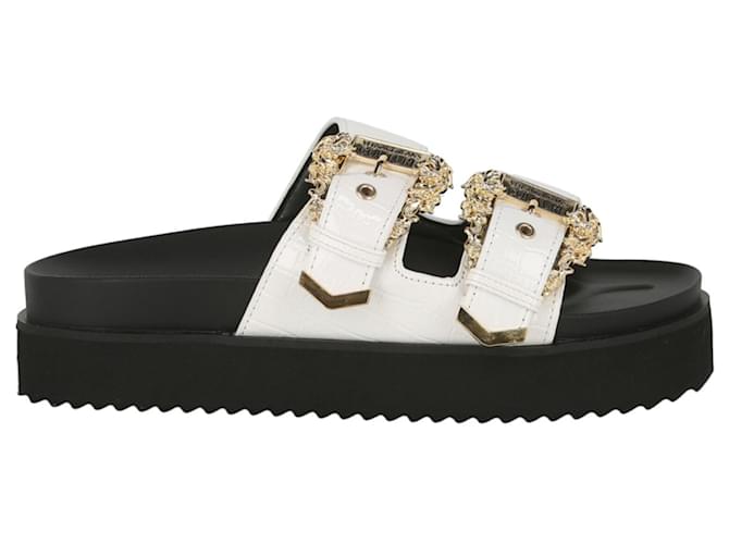 Versace Jeans Couture Baroque-Buckle Platform Sandals White