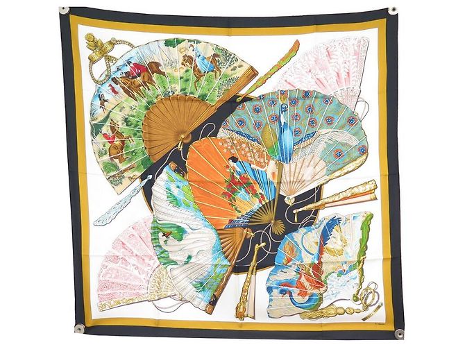 Foulard En Soie Vintage - 90x90cm, Couleurs Bleu Vert Blanc, Très Bon état
