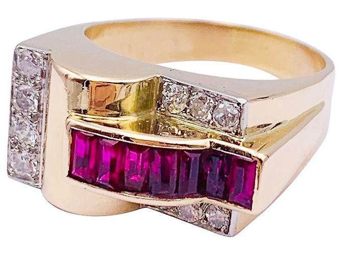 Bague Or 750 (18k) Avec Rubis Synthétiques & Oxydes - Vintage - Poinçon Hibou