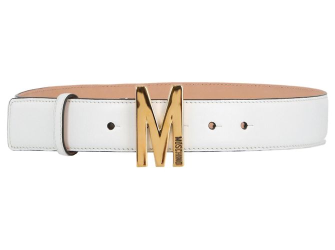 Moschino M-Buckle Leather Belt White Pony-style calfskin ref  display picture 3