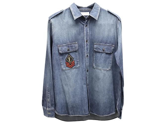 Saint Laurent Military Patch Buttondown Shirt in Vintage Blue