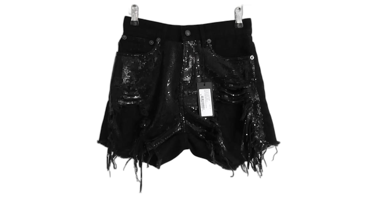 R13 Black Sequinned Shredded Slouch Shorts Cotton ref.745266