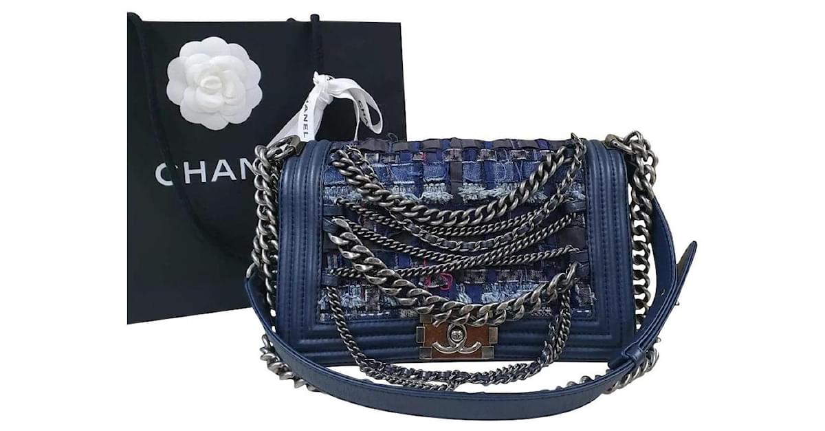 Chanel Blue Tweed Leather Enchained Medium Boy Shouder Bag Multiple colors  ref.745295