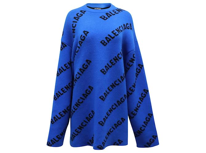 Balenciaga Allover Logo Sweater in Blue Wool Joli Closet