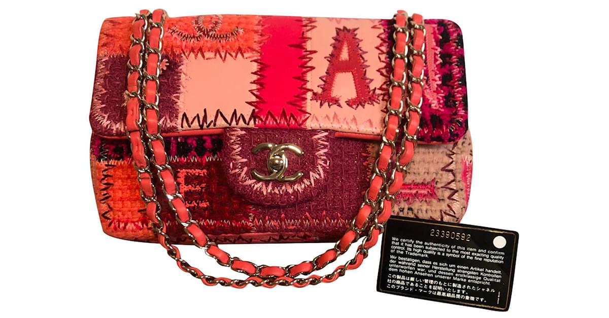 Chanel Medium Flap Bag Pink Patchwork Tweed Silver Hardware
