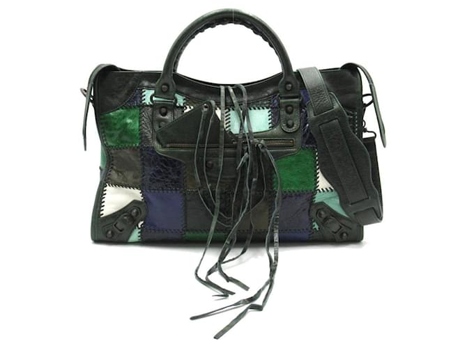 Balenciaga Motocross Patchwork City Shoulder Bag Green Pony-style
