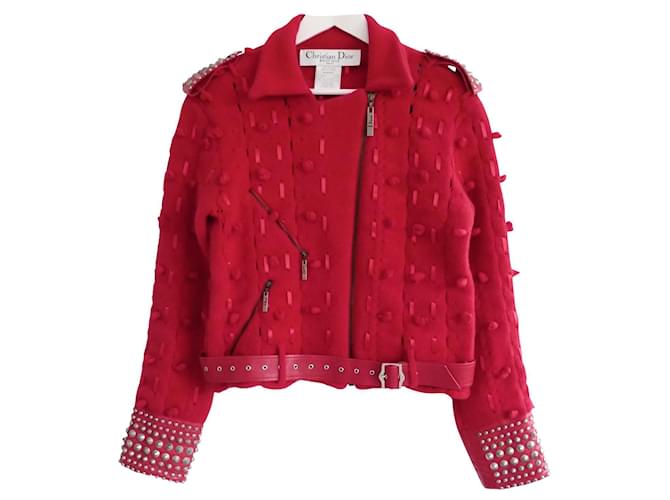 Christian Dior x Galliano AW04 Red Wool & Studded Leather Biker