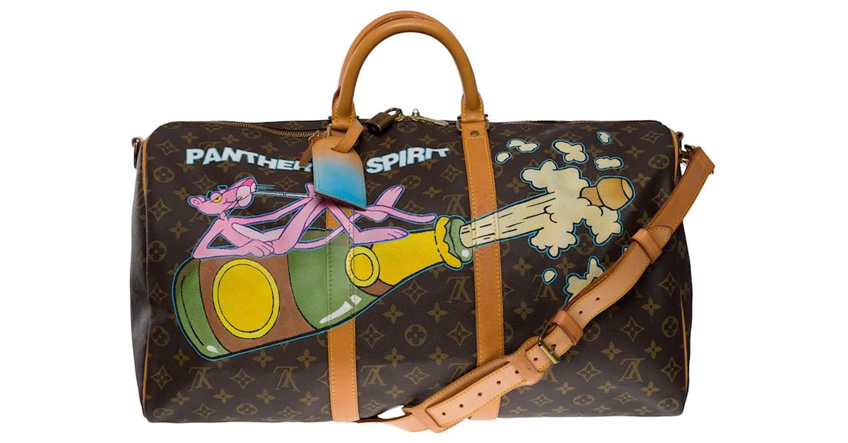 Exceptional Louis Vuitton Keepall travel bag 50 shoulder strap in brown  monogram canvas and natural leather customized PINK PANTHER SPIRIT by  Street Art artist PatBo Cloth ref.763792 - Joli Closet