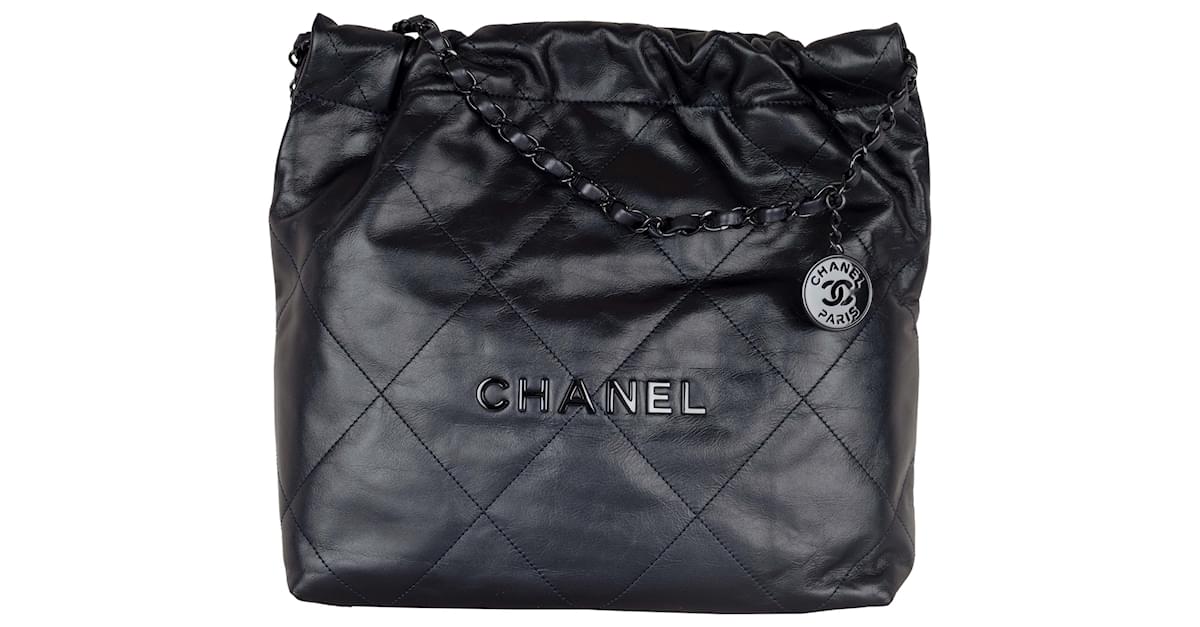 Chanel Black Shiny Calfskin Quilted Small Chanel 22 Tote Bag For