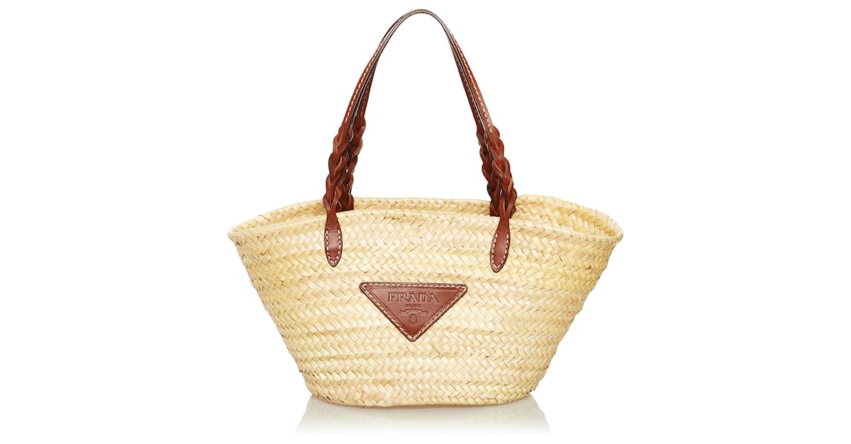 PRADA Raffia Woven Braided Basket Tote Multicolor Cognac 1278305