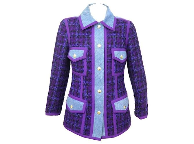 CHANEL TWEED QUILTED DENIM JACKET 42 L PURPLE BLUE BLUE PURPLE