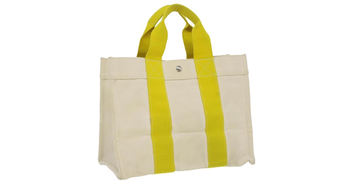 HERMES Bora Bora PM Tote Bag Canvas White x yellow