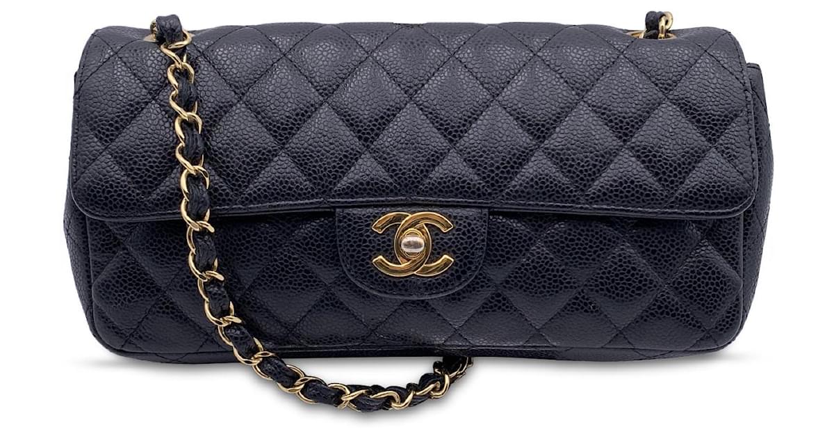 Chanel Black Caviar Quilted Leather Small East West Flap Bag ref