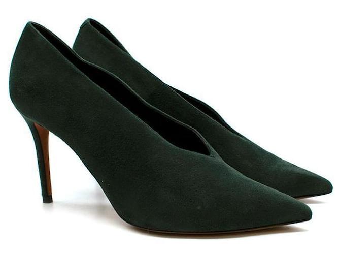Céline Dark Green Suede V-Cut Pumps Joli Closet
