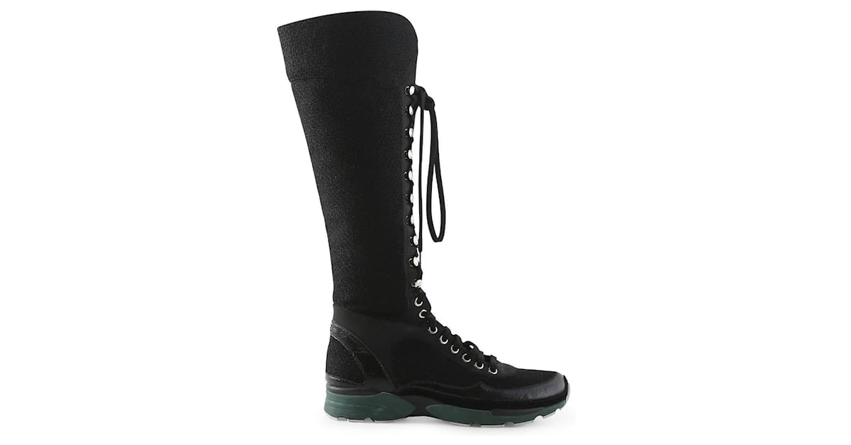 CHANEL Black Knee-High Leather Lace-Up Biker Boots FR 36 US 6