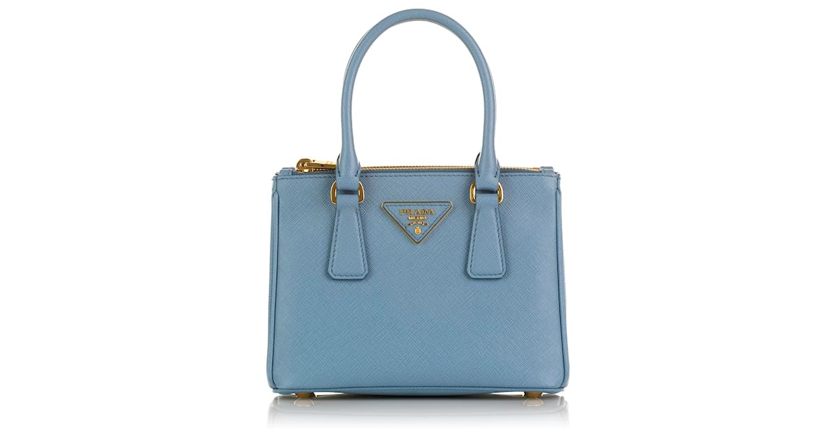 Prada Saffiano Galleria lined Zip Handbag Blue Pony-style calfskin