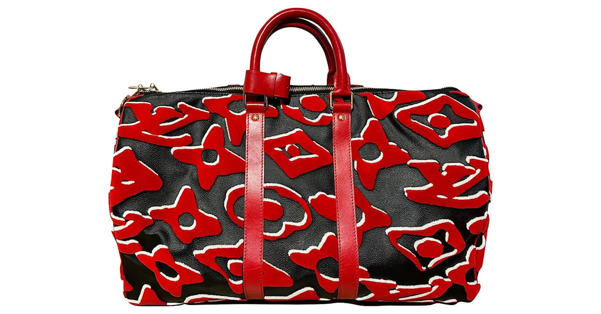 Louis Vuitton keepall 45 Urs fischer Black Red Suede Leather ref.787909 -  Joli Closet