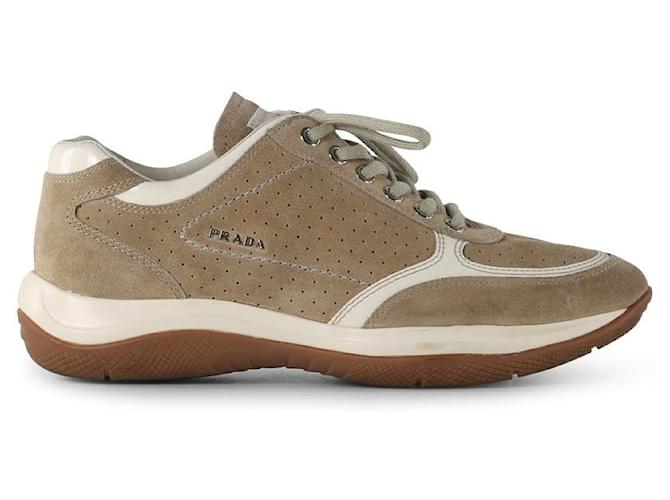 Prada Beige Suede Perforated Low Top Sneakers With White