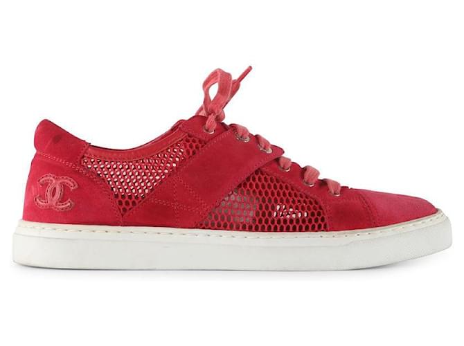 Chanel Red Suede And Mesh Sneakers Joli Closet