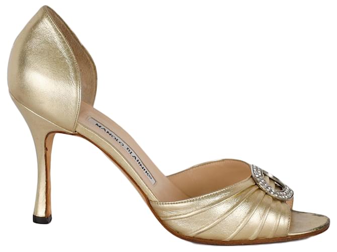 Manolo Blahnik Gold Peeptoe Buckle Heel Golden Leather ref