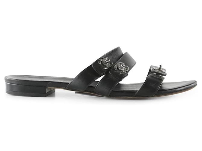 【美品】CHANEL Sports Sandals Leather BLK 39 Chanel CC Espadrille Slip On Sandals Black - 39 – REDELUXE