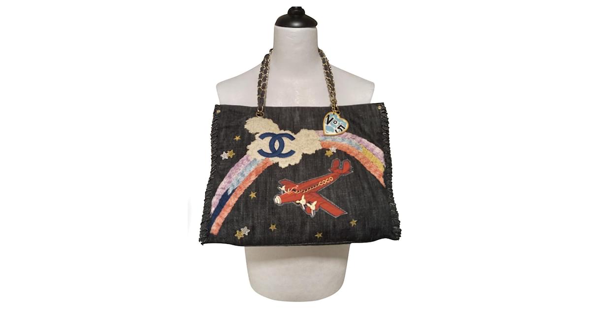 Chanel Limited Edition Collectors item Night Flight Airplane Rainbow Mixed  Media Blue Jean Denim Rare Tote! Multiple colors Navy blue ref.796763