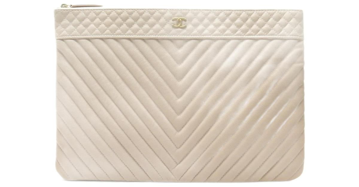 NEW LARGE CHANEL CHEVRON CLUTCH IN CAVIAR BEIGE LEATHER NEW LEATHER POUCH  ref.797195