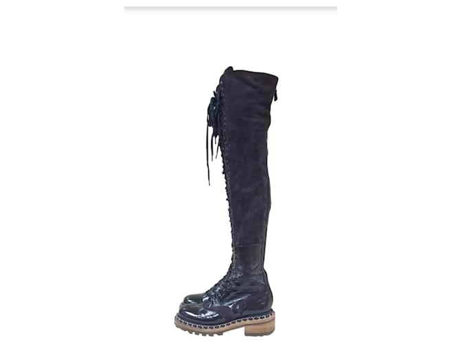 Chanel Paris Salzburg Black Leather Suede Over Knee Boots ref.797792